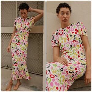 Rhode Lulani Midi Dress Short Sleeve Painted Bloom Multi White Size 0 New